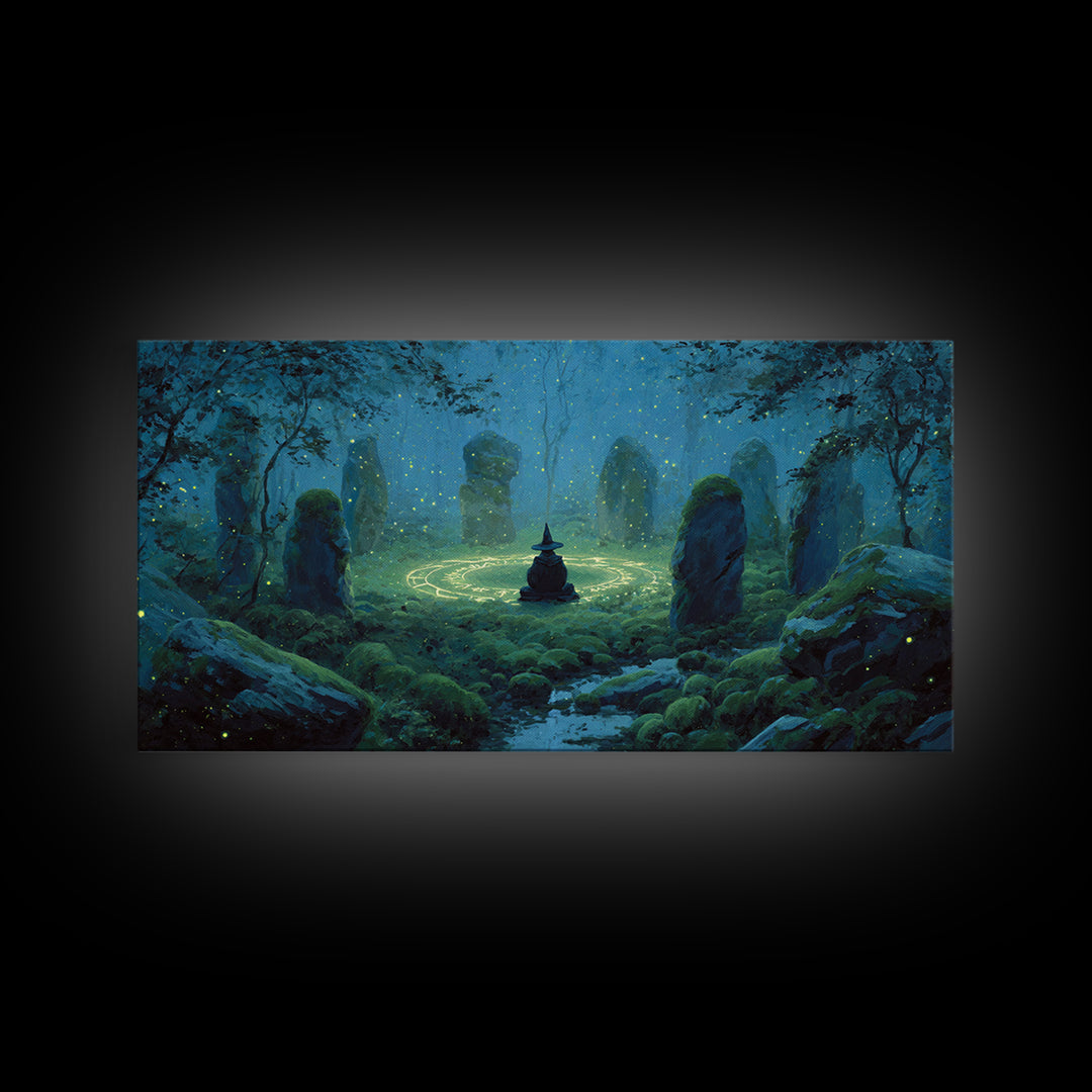 Glowing Stone Circle Witch In Enchanted Forest Canvas Print, Mystical Wall Art, Pagan Decor, Magical Nursery Art, Whimsical Home Decor