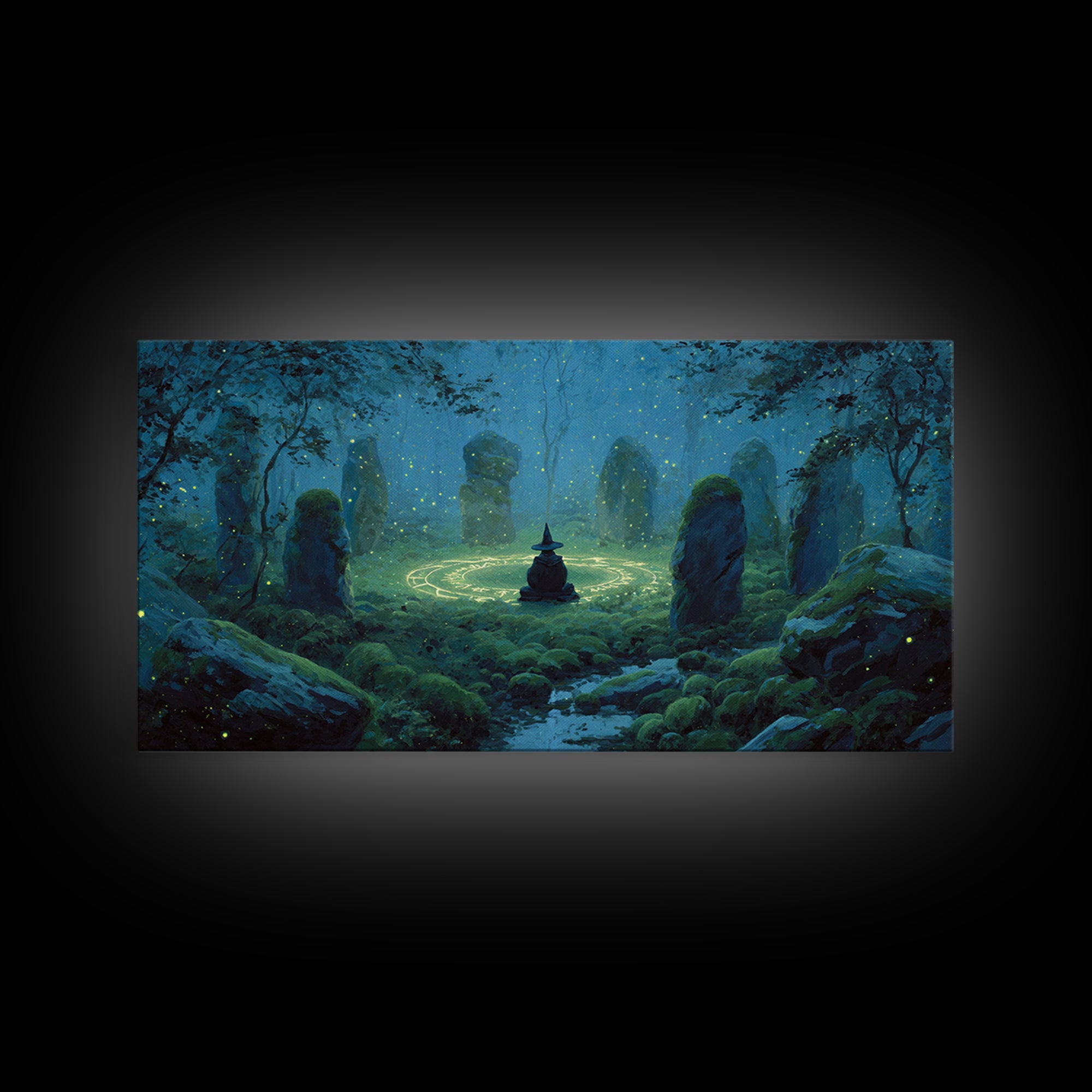 Glowing Stone Circle Witch In Enchanted Forest Canvas Print, Mystical Wall Art, Pagan Decor, Magical Nursery Art, Whimsical Home Decor