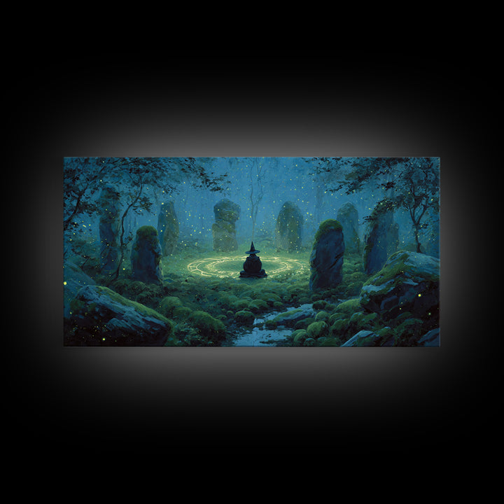 Glowing Stone Circle Witch In Enchanted Forest Canvas Print, Mystical Wall Art, Pagan Decor, Magical Nursery Art, Whimsical Home Decor
