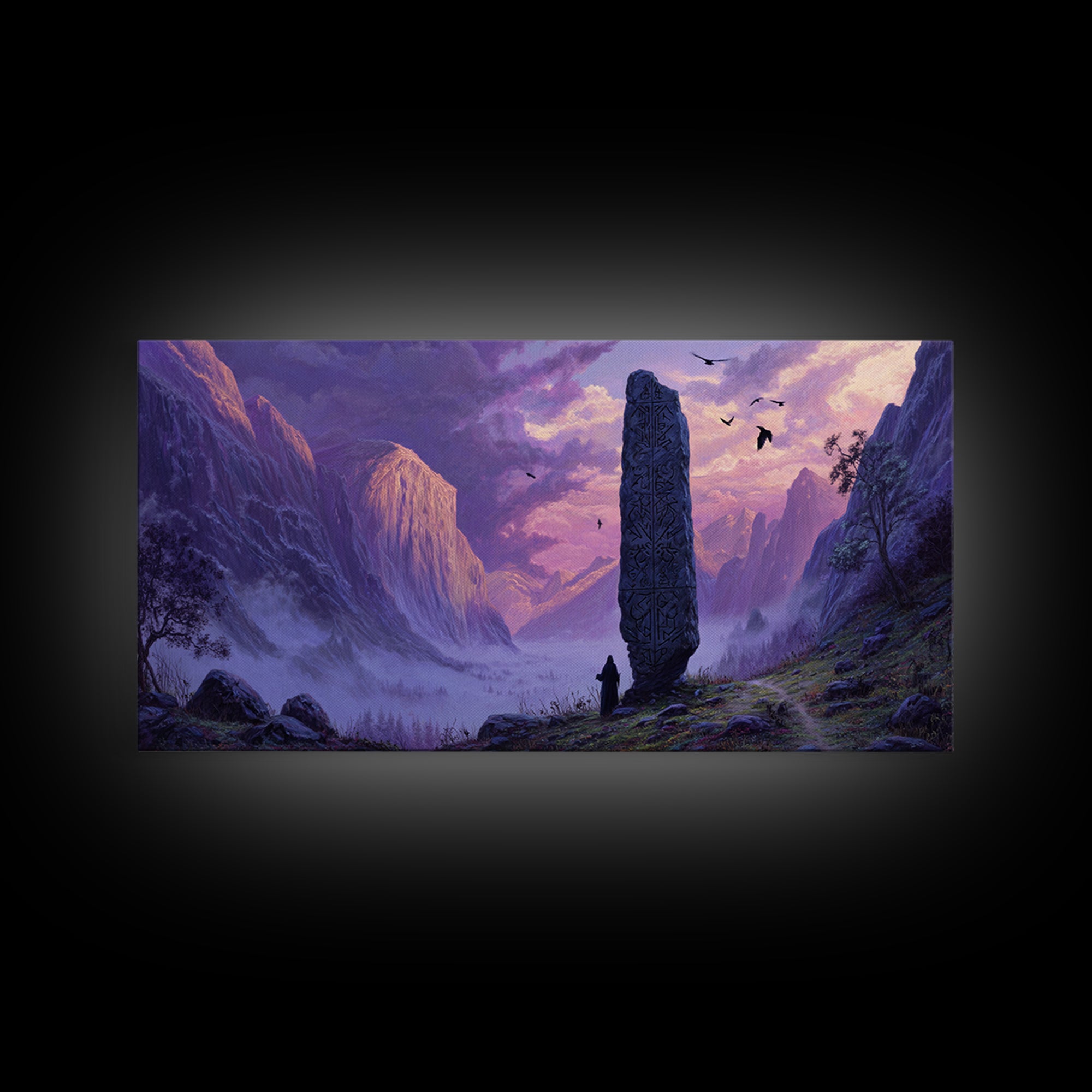 Ancient Rune Monolith Mountain Valley Canvas Print, Epic Fantasy Landscape Wall Decor, Purple Mist Adventure Art For Game Room