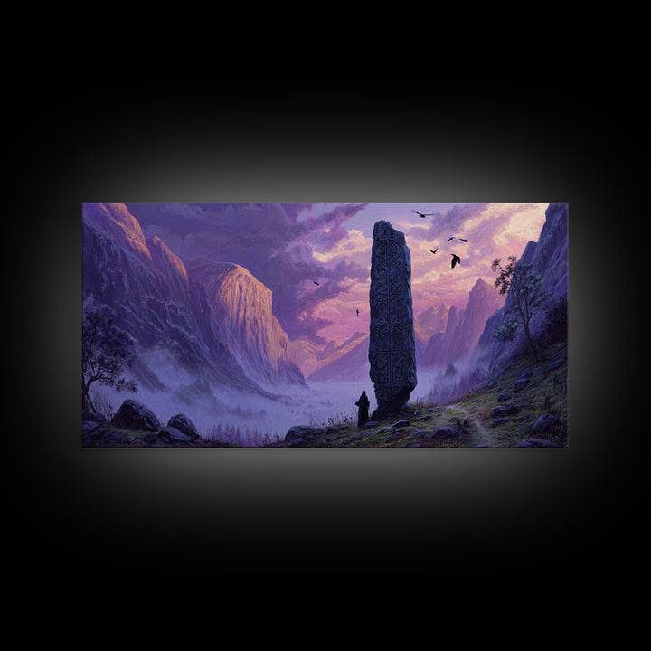 Ancient Rune Monolith Mountain Valley Canvas Print, Epic Fantasy Landscape Wall Decor, Purple Mist Adventure Art For Game Room