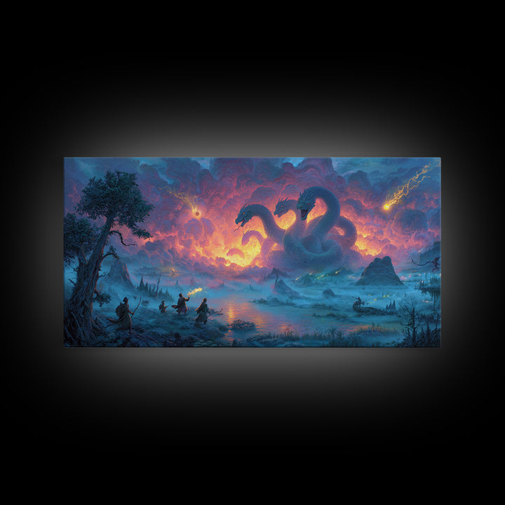 Three Headed Hydra Lake Wall Art, Epic Fantasy Canvas Print, Dragon Battle Decor, Mythical Creature Art For Game Room Decor