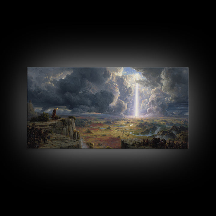 Divine Light Over Epic Battlefield Canvas Print, Fantasy Landscape Wall Art, Dark Academia Decor, Statement Artwork, Large Wall Art