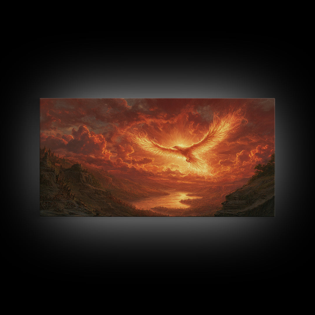 Fiery Phoenix Over Epic Valley Canvas Print, Fantasy Wall Art, Mythical Bird Painting For Gaming Room And Dramatic Home Decor
