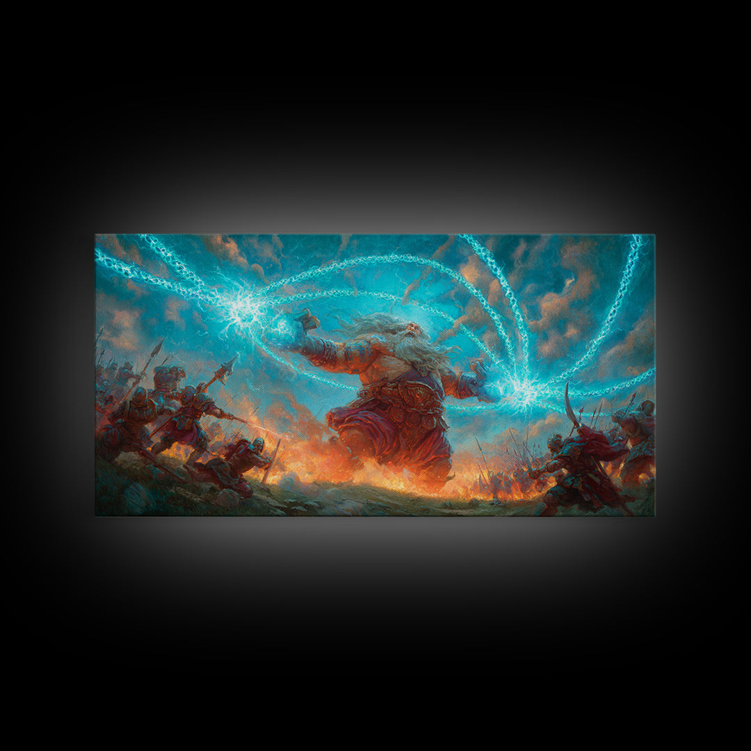 Giant Storm Mage Casting Lightning Canvas Print, Epic Fantasy Wall Art For Gaming Room Decor And Dramatic Statement Artwork