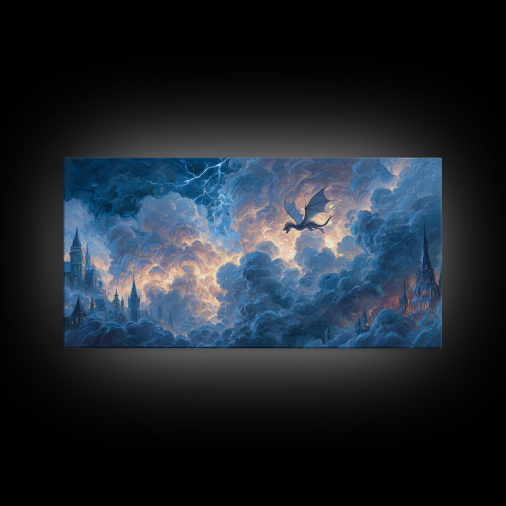 Storm Dragon Soaring Over Cloud Castles Framed Canvas Print, Fantasy Wall Art, Dramatic Sky Art, Medieval Home Decor, Gift For Him