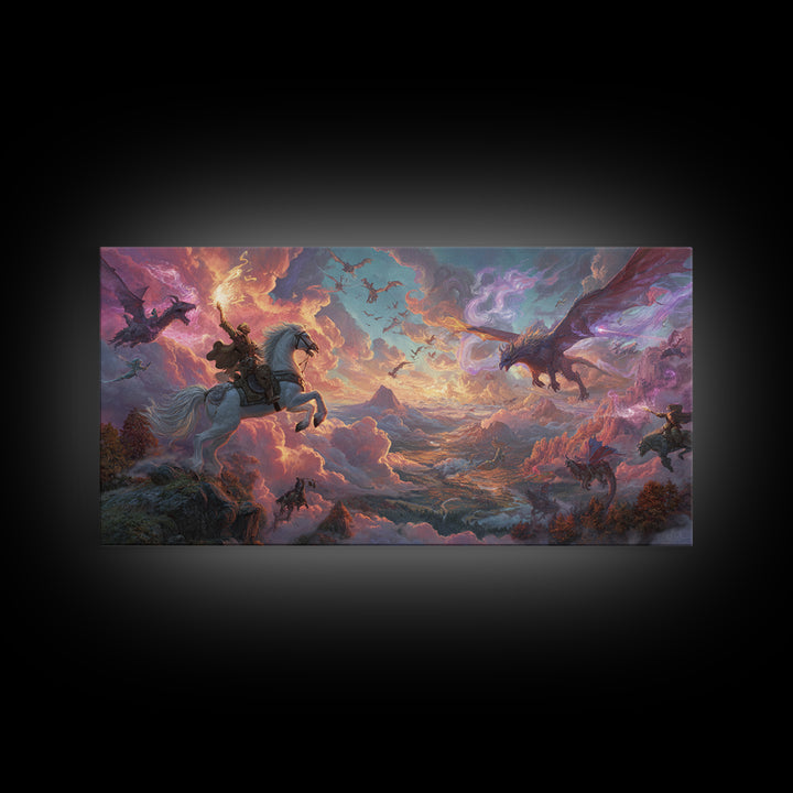 Knight And Dragons Battle Wall Art, Winged Fantasy Sky Canvas, Epic Medieval Adventure Decor, Large Mythical Art Print Gift