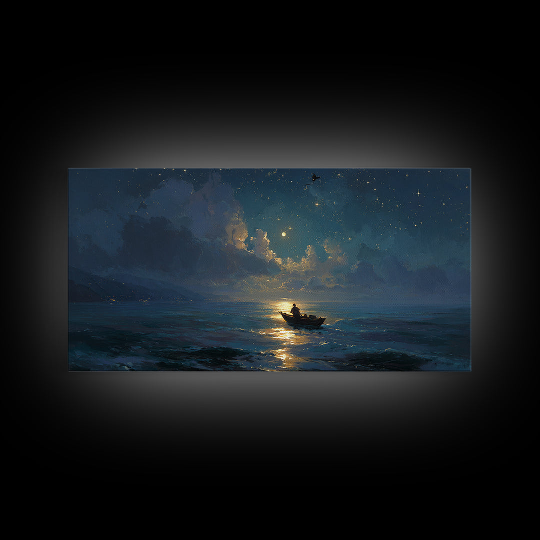 Moonlit Ocean Boat Under Starry Sky Wall Art, Celestial Seascape Canvas Print, Nautical Decor, Romantic Coastal Artwork Gift