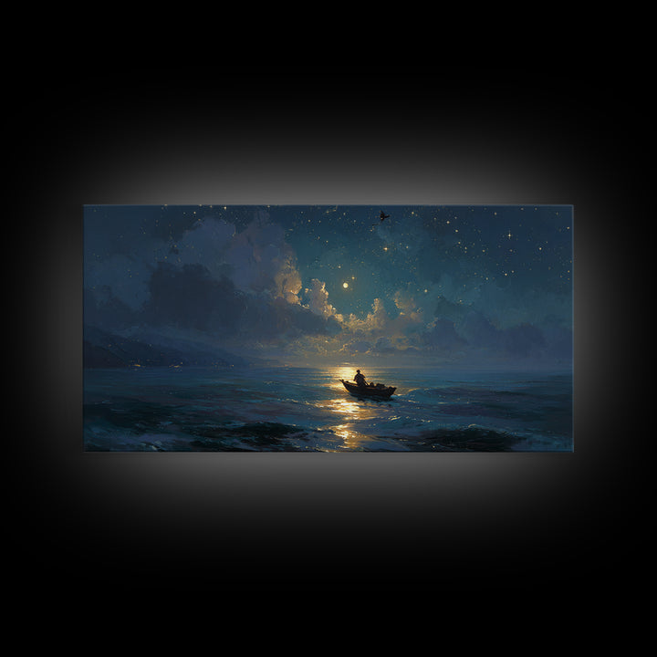 Moonlit Ocean Boat Under Starry Sky Wall Art, Celestial Seascape Canvas Print, Nautical Decor, Romantic Coastal Artwork Gift