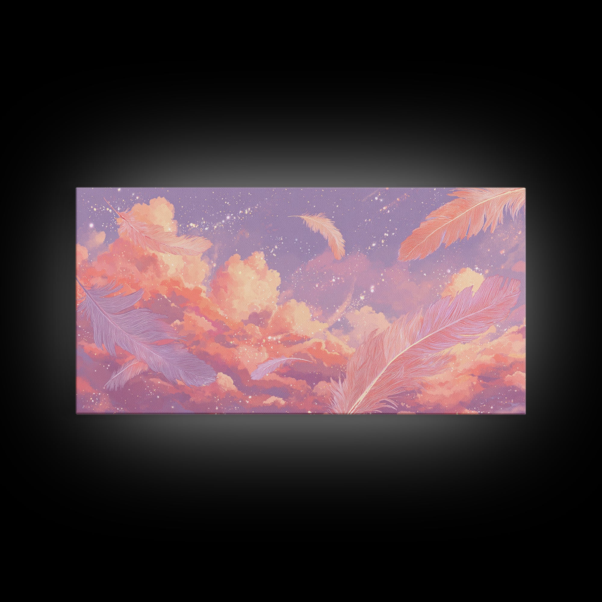 Peach Pink Cloudscape With Feathers Wall Art, Celestial Pastel Sky Canvas Print, Dreamy Nursery And Bedroom Decor, Gift For Her