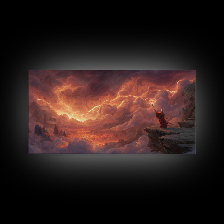Wizard On Cliff Above Fiery Clouds Wall Art, Epic Fantasy Landscape, Mystical Magic Decor, Dramatic Canvas Print, Gift For Him