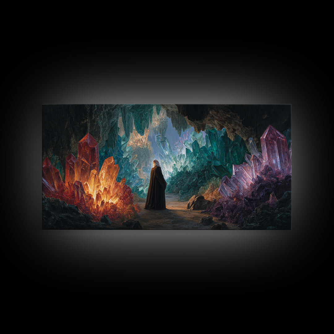 Glowing Crystal Cavern Wall Art, Fantasy Cave Canvas Print, Jewel Tone Decor, Mystical Landscape, Unique Gift For Her Decor