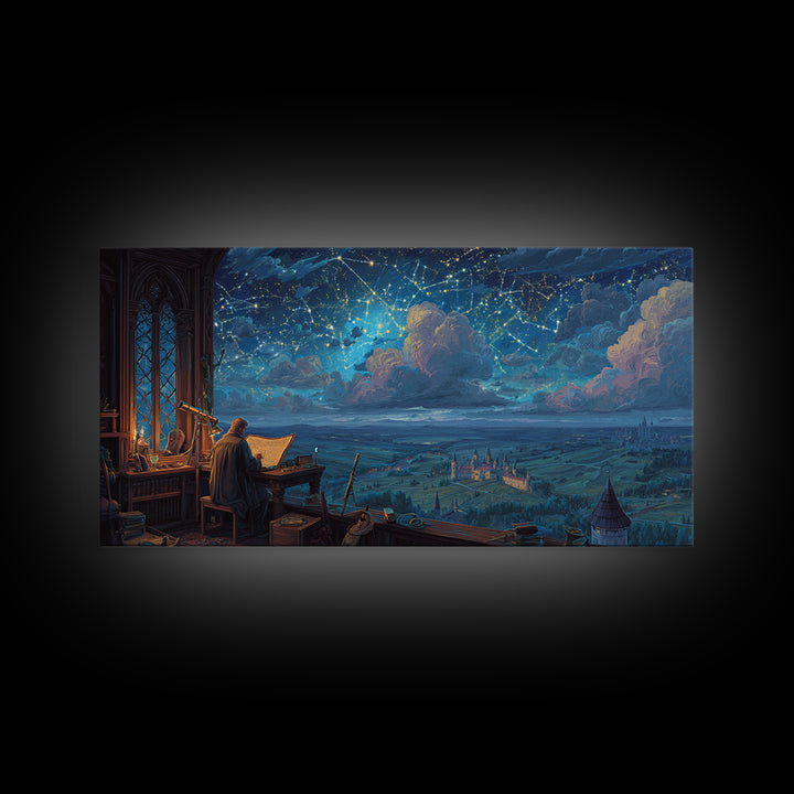 Scholar Studying A Starry Medieval Sky Wall Art, Gothic Library Decor, Fantasy Castle Landscape, Dark Academia Print, Book Lover Gift