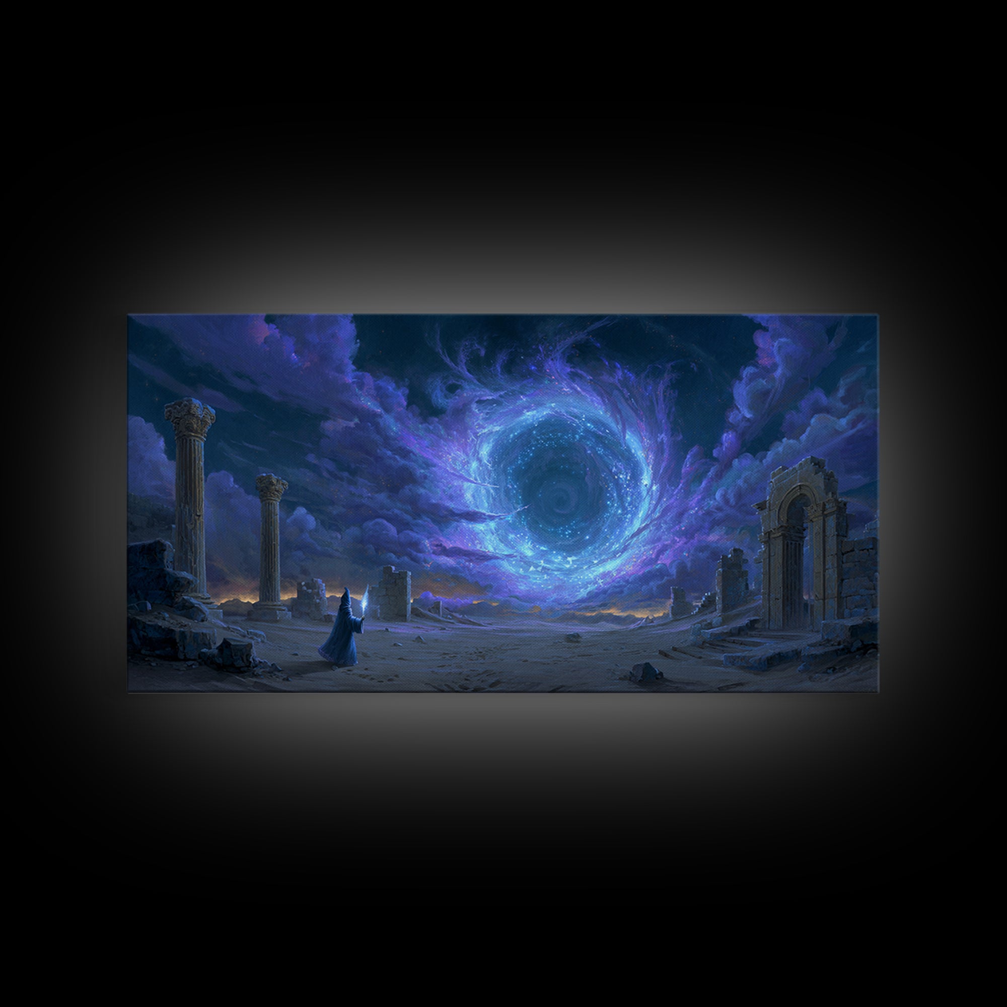 Wizard Portal Ruins Wall Art, Cosmic Vortex Fantasy Canvas, Mystical Dark Magic Decor, Surreal Landscape Art Print For Game Room