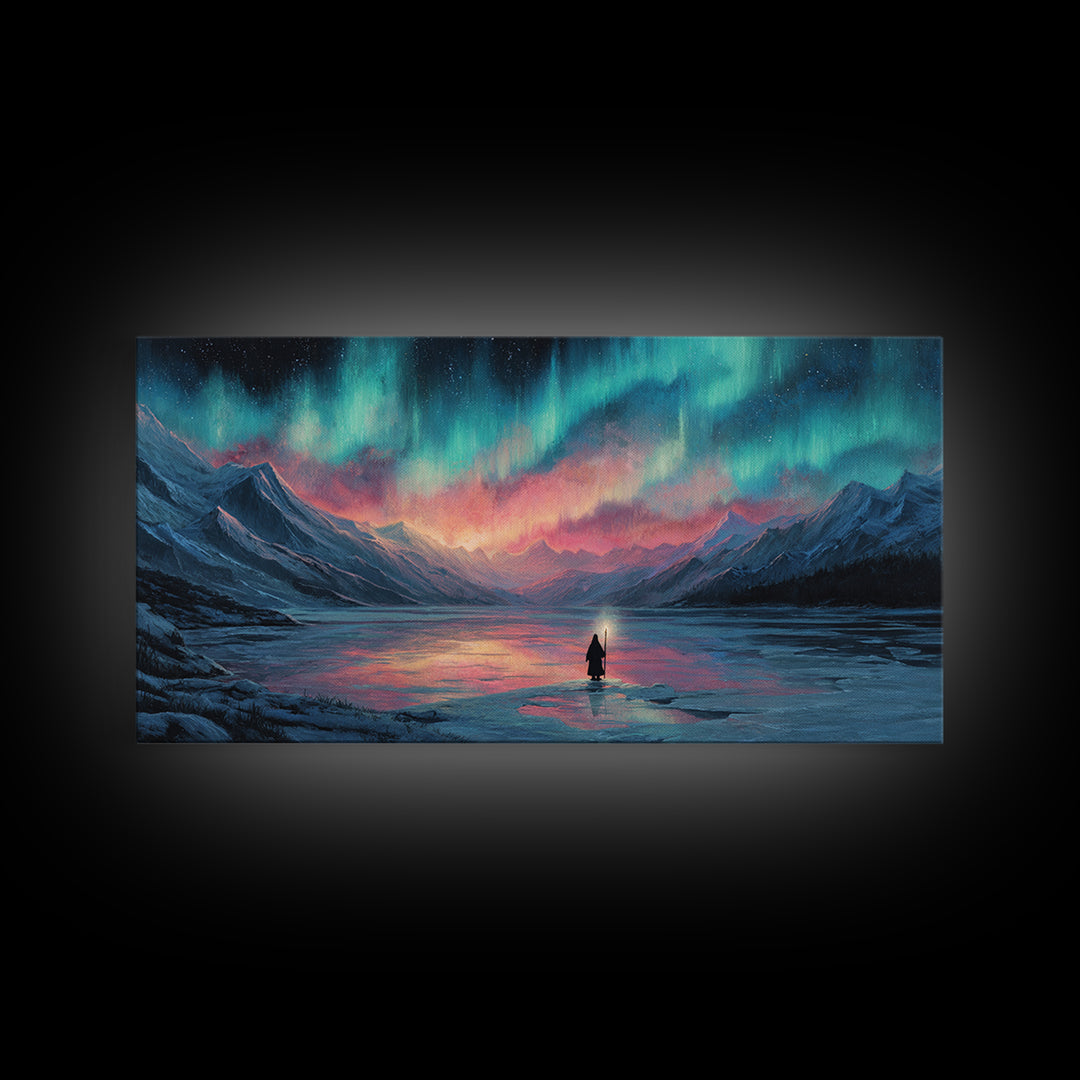 Northern Lights Over Mountain Lake Canvas Print, Aurora Wall Art, Peaceful Landscape For Cabin Decor And Above Bed Wall Decor