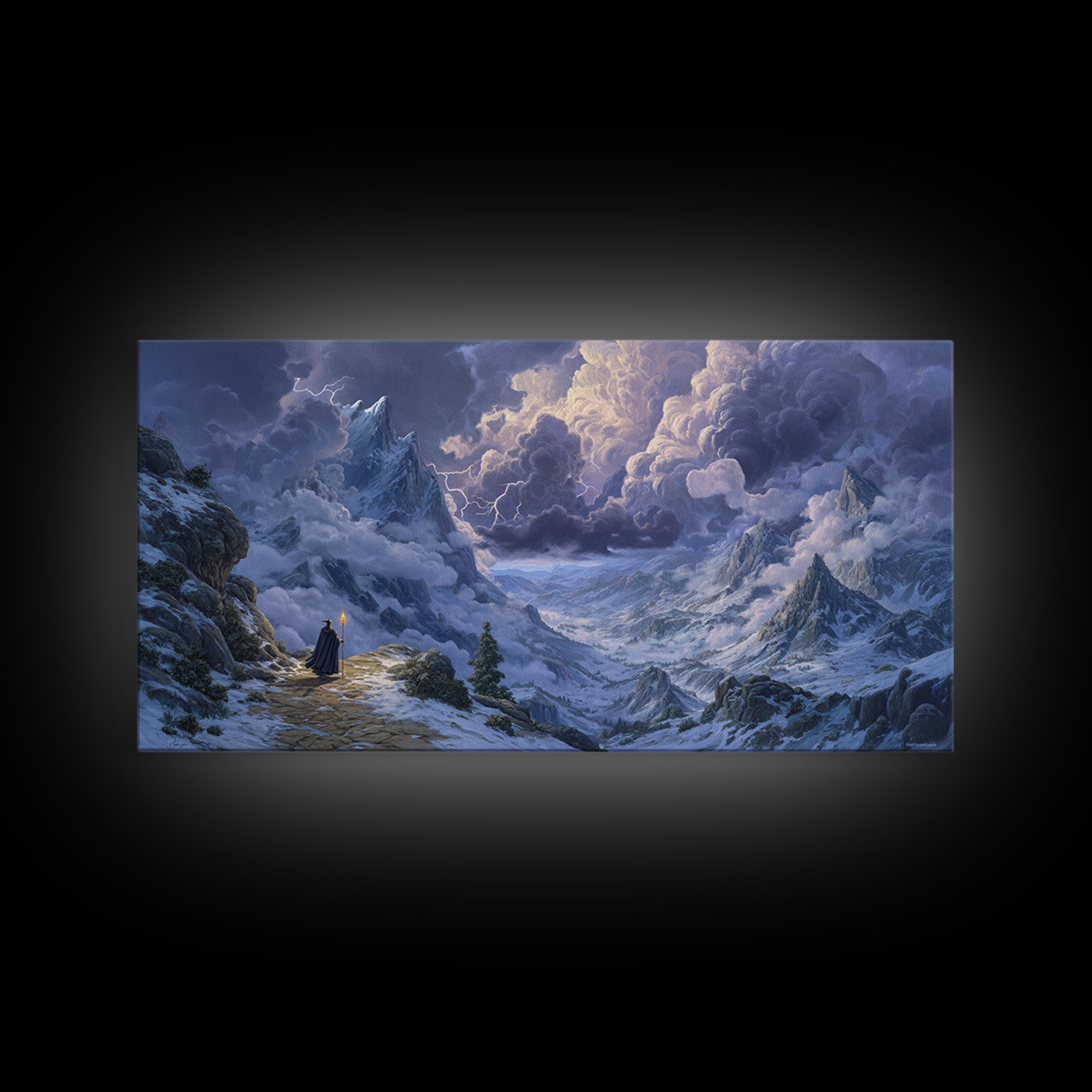 Snowy Mountain Wizard Wall Art, Epic Fantasy Canvas Print, Dungeons And Dragons Decor, Winter Landscape, Gamer Gift, Gift For Him