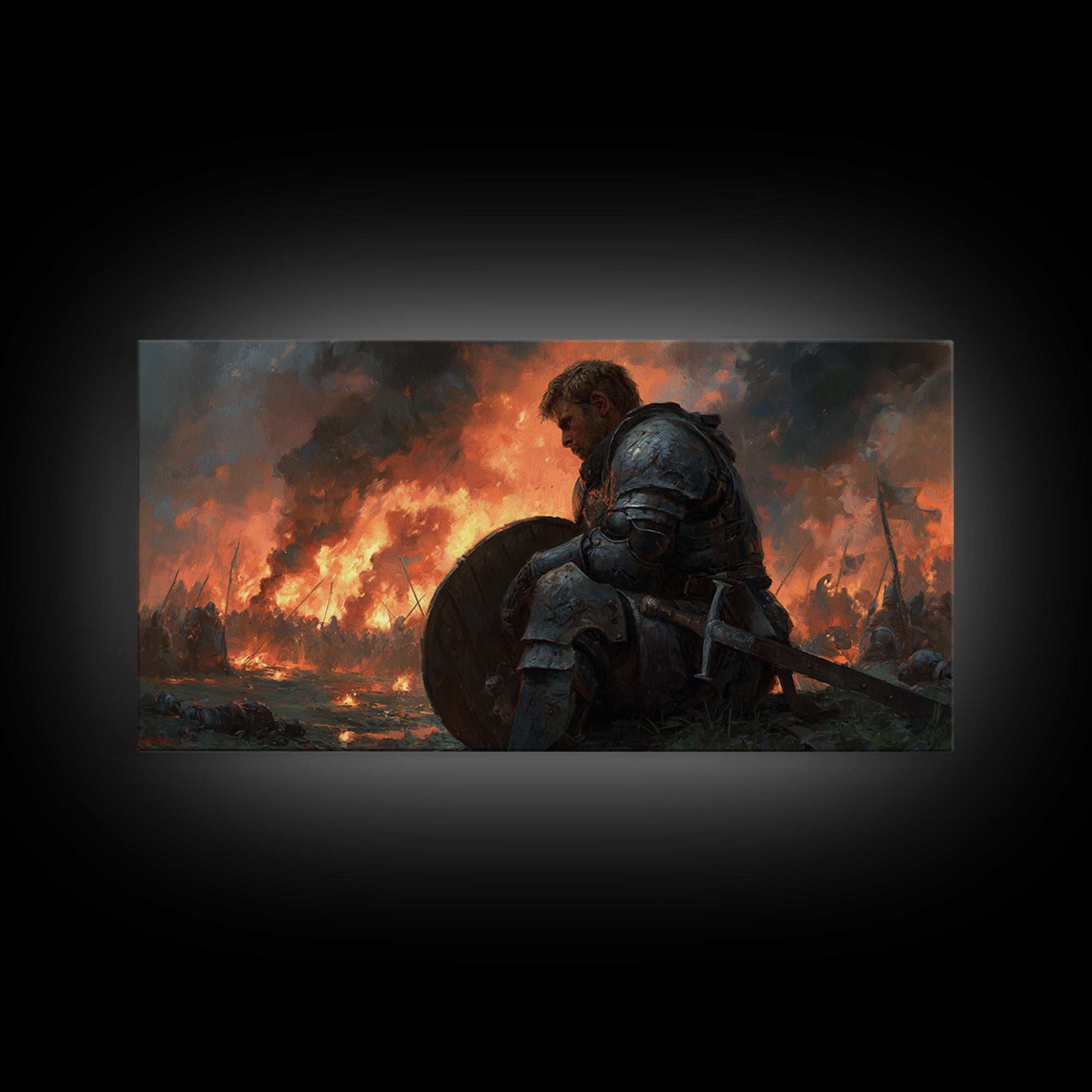 Wounded Medieval Knight On Burning Battlefield Wall Art, Dark Fantasy Warrior Canvas, Gothic Man Cave Decor, Gift For Him
