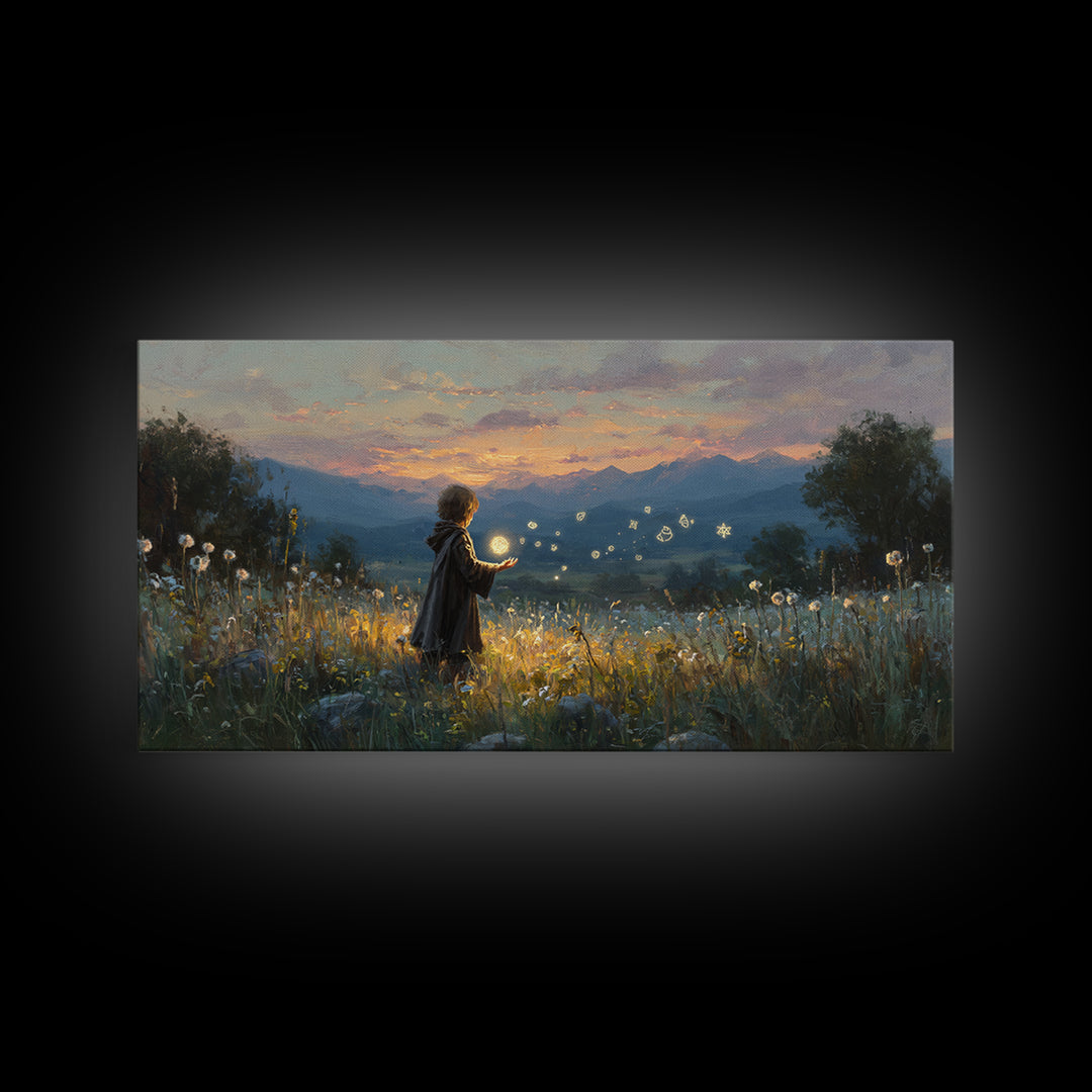 Child With Fireflies In Wildflower Meadow Wall Art, Whimsical Landscape Canvas Print, Nursery Decor, Magical Nature Gift
