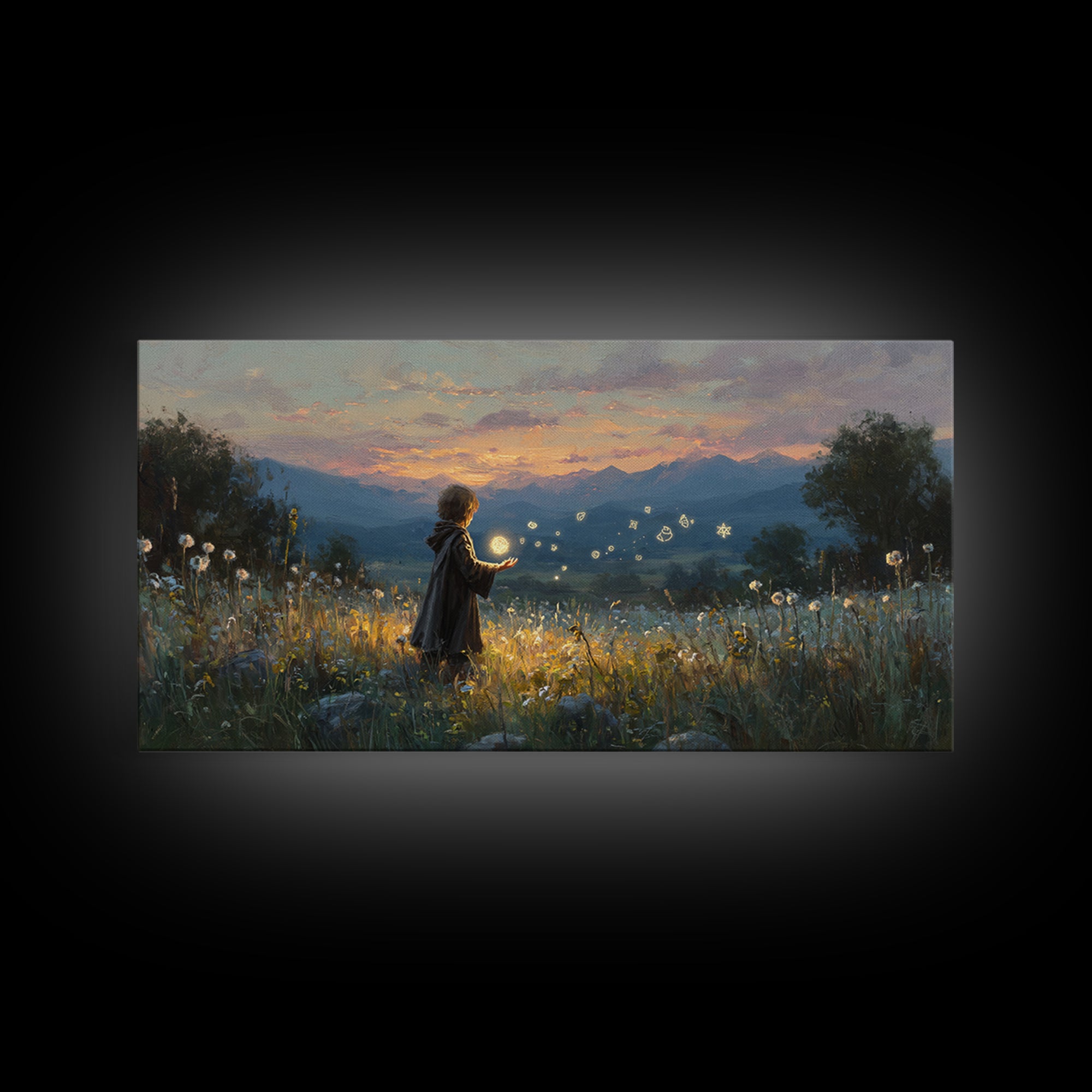 Child With Fireflies In Wildflower Meadow Wall Art, Whimsical Landscape Canvas Print, Nursery Decor, Magical Nature Gift