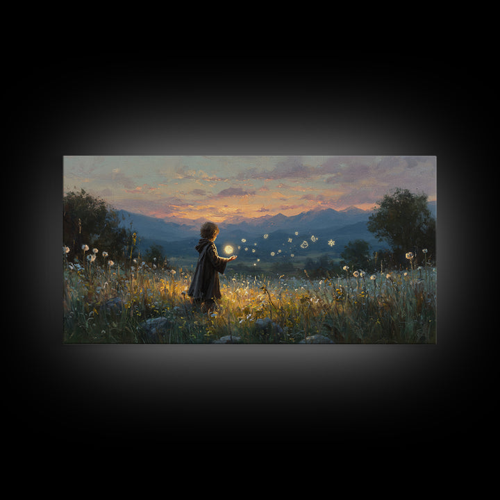 Child With Fireflies In Wildflower Meadow Wall Art, Whimsical Landscape Canvas Print, Nursery Decor, Magical Nature Gift
