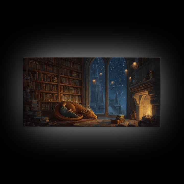 Sleeping Dragon In Cozy Library Wall Art, Fantasy Book Nook Canvas Print, Dark Academia Decor, Gift For Book Lover And Reader