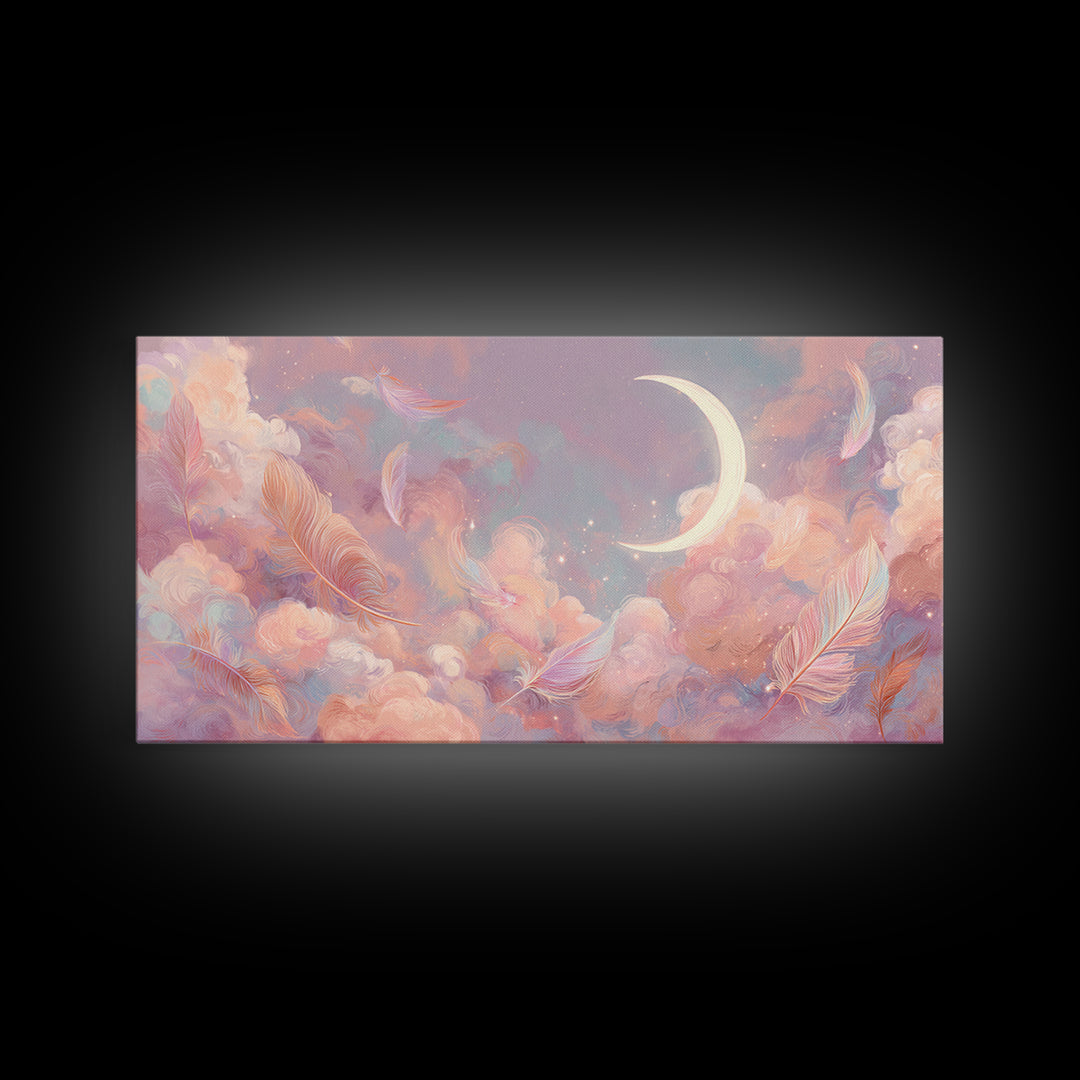 Crescent Moon And Pastel Feather Clouds Canvas Print, Celestial Wall Art, Soft Pink Nursery Decor, Dreamy Bedroom Decor, Gift