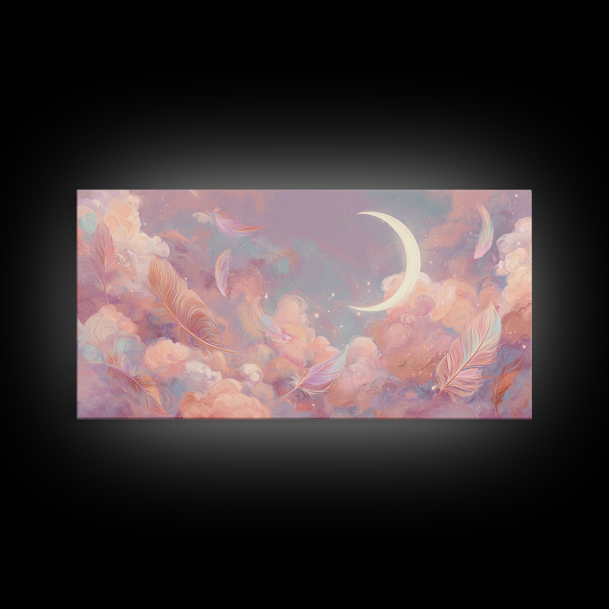 Crescent Moon And Pastel Feather Clouds Canvas Print, Celestial Wall Art, Soft Pink Nursery Decor, Dreamy Bedroom Decor, Gift