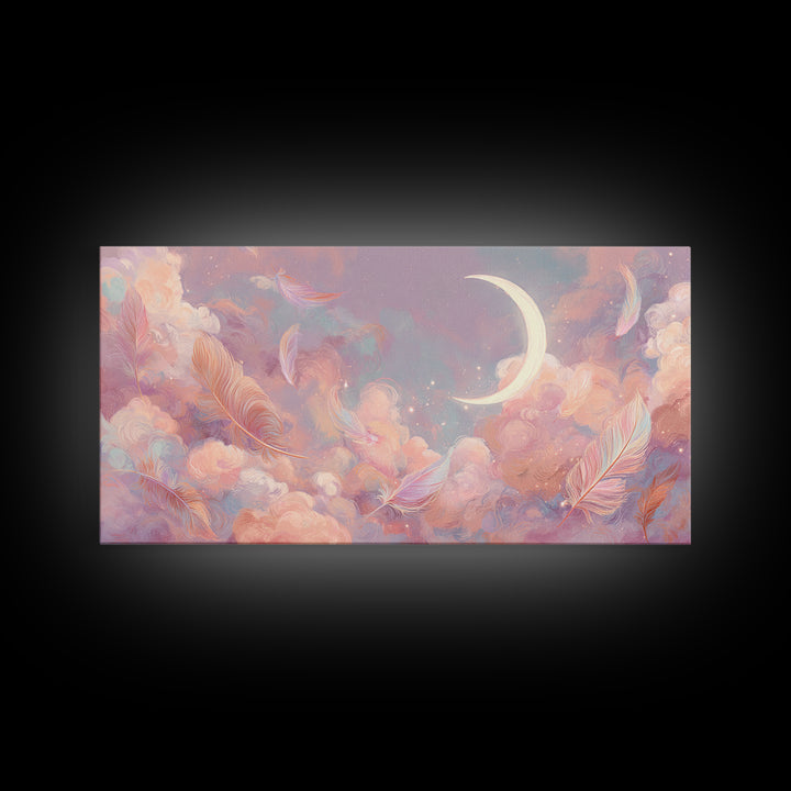 Crescent Moon And Pastel Feather Clouds Canvas Print, Celestial Wall Art, Soft Pink Nursery Decor, Dreamy Bedroom Decor, Gift