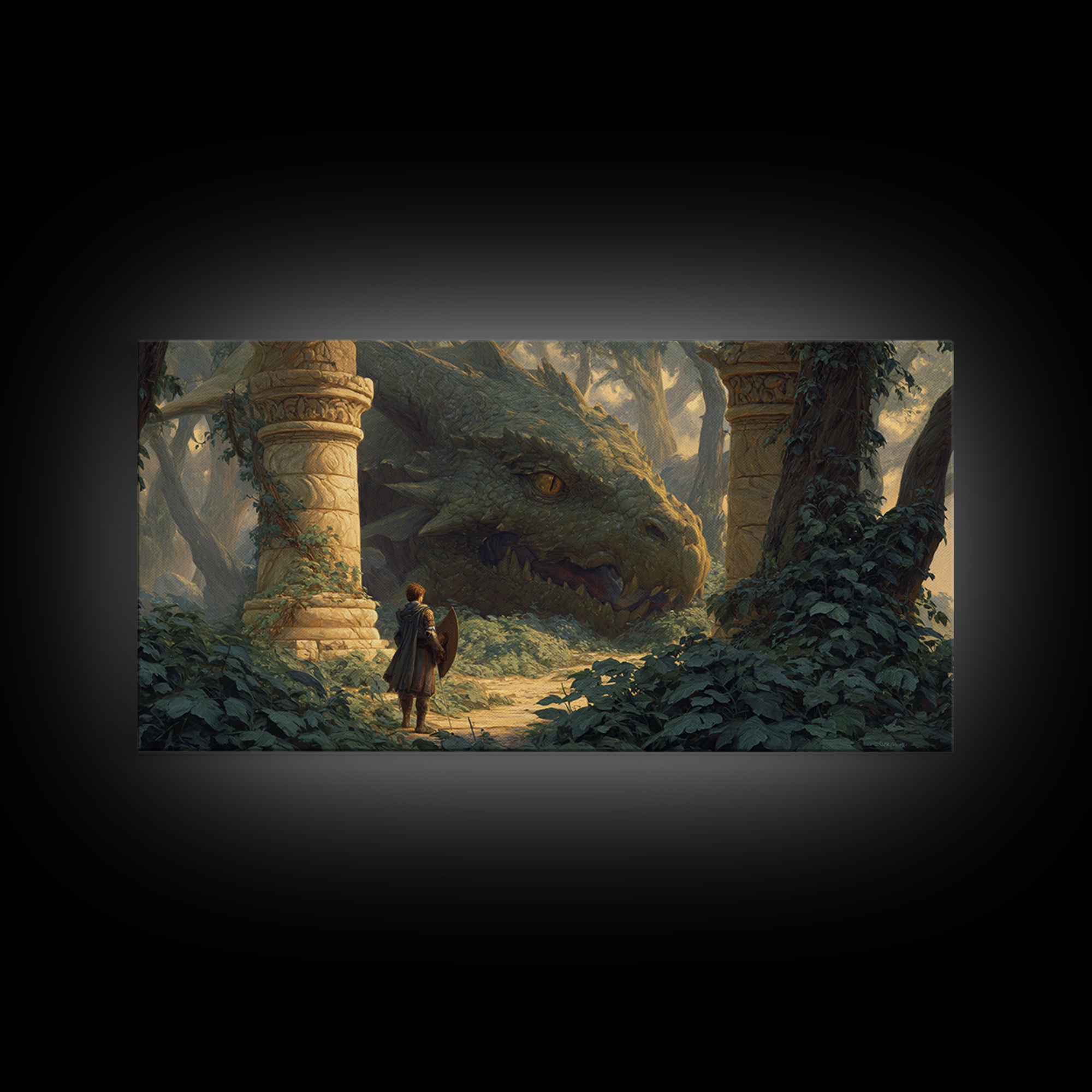 Ancient Forest Dragon Encounter Canvas Print, Fantasy Adventure Artwork, Medieval Ruins Decor, Dragon Art Print, Gift For Gamer