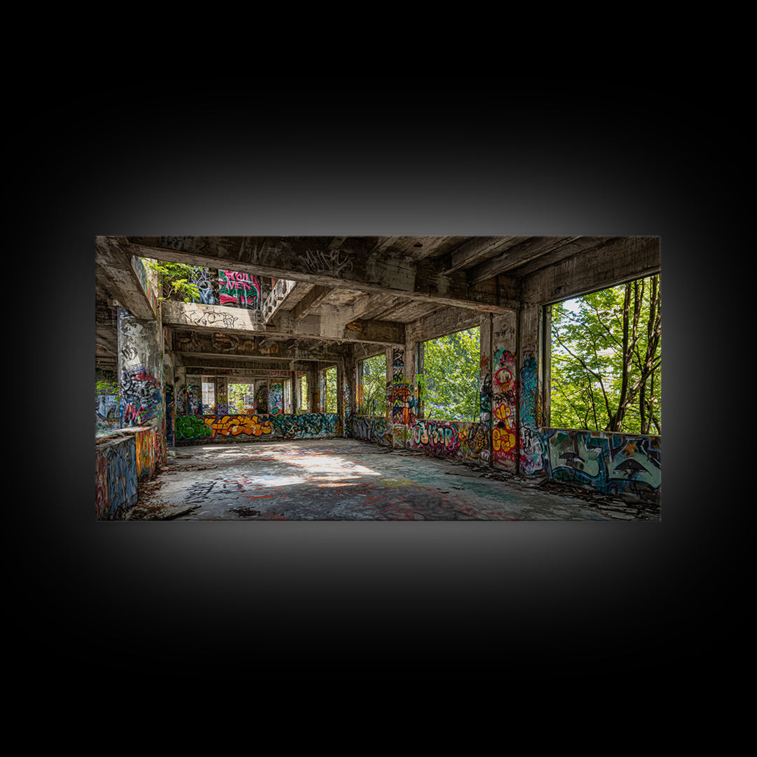 Abandoned Graffiti Warehouse Canvas Print, Urban Decay Wall Art, Industrial Street Art Decor, Edgy Loft Photography Print