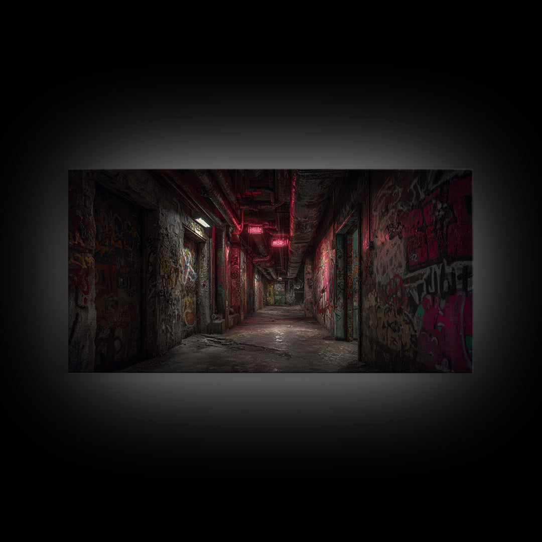 Abandoned Graffiti Corridor With Red Neon Wall Art, Urban Street Art, Industrial Decor, Grunge Poster, Office Wall Decor