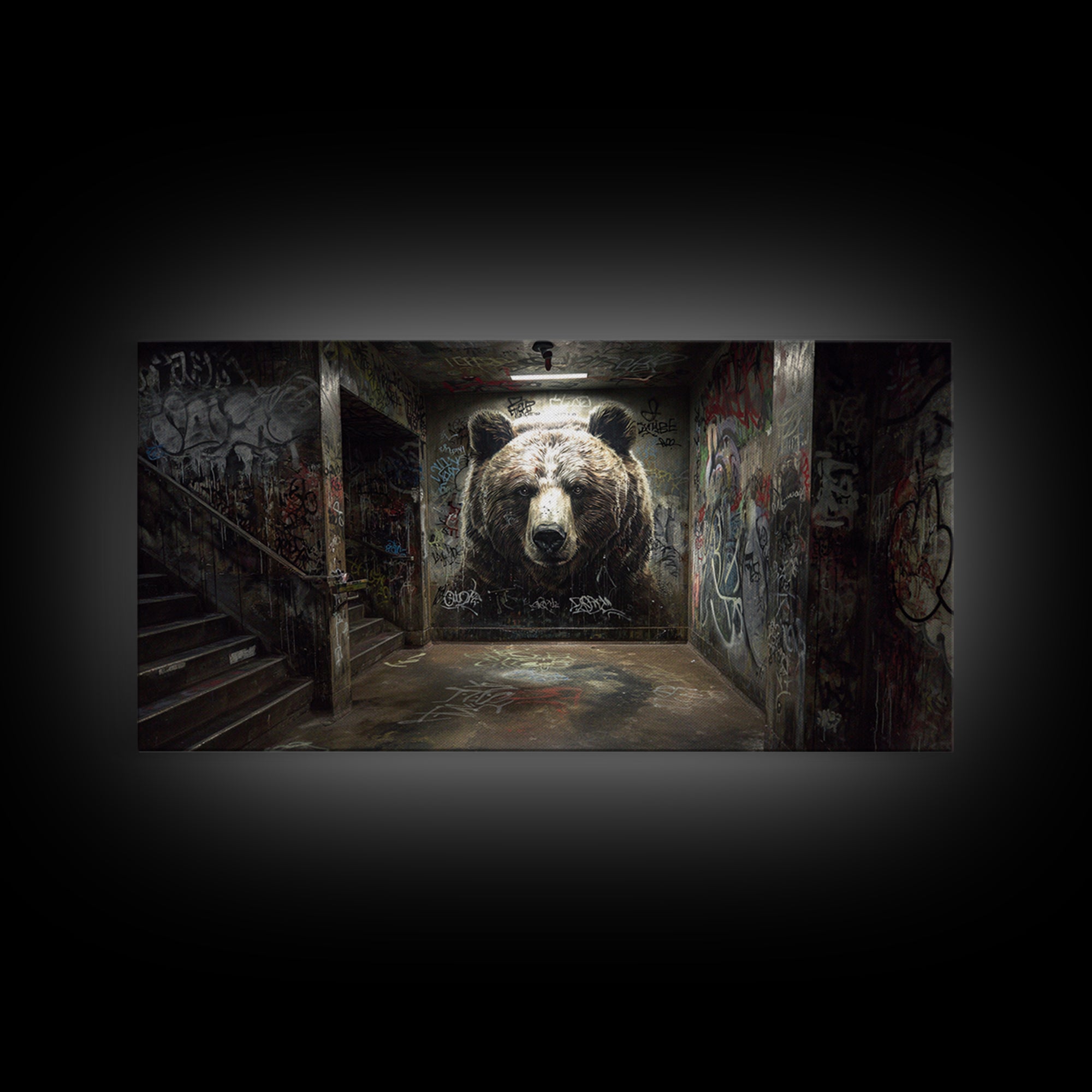 Giant Bear Graffiti Tunnel Wall Art, Urban Street Art Print, Edgy Industrial Decor, Modern Office Poster, Wildlife Mural