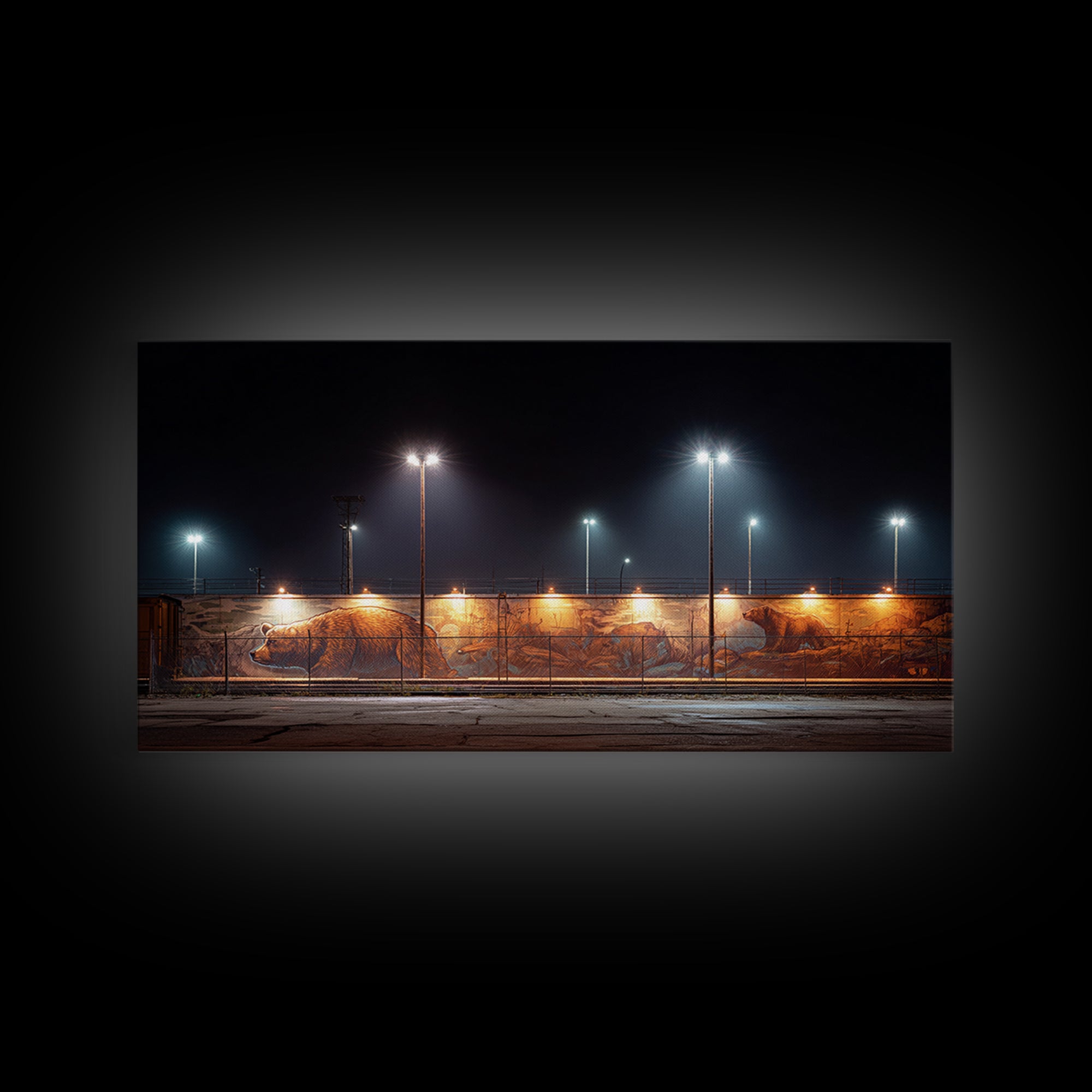 Night Industrial Light Yard Wall Art, Urban Street Photography Style Canvas, Moody Office Decor, Modern Loft Print For Him