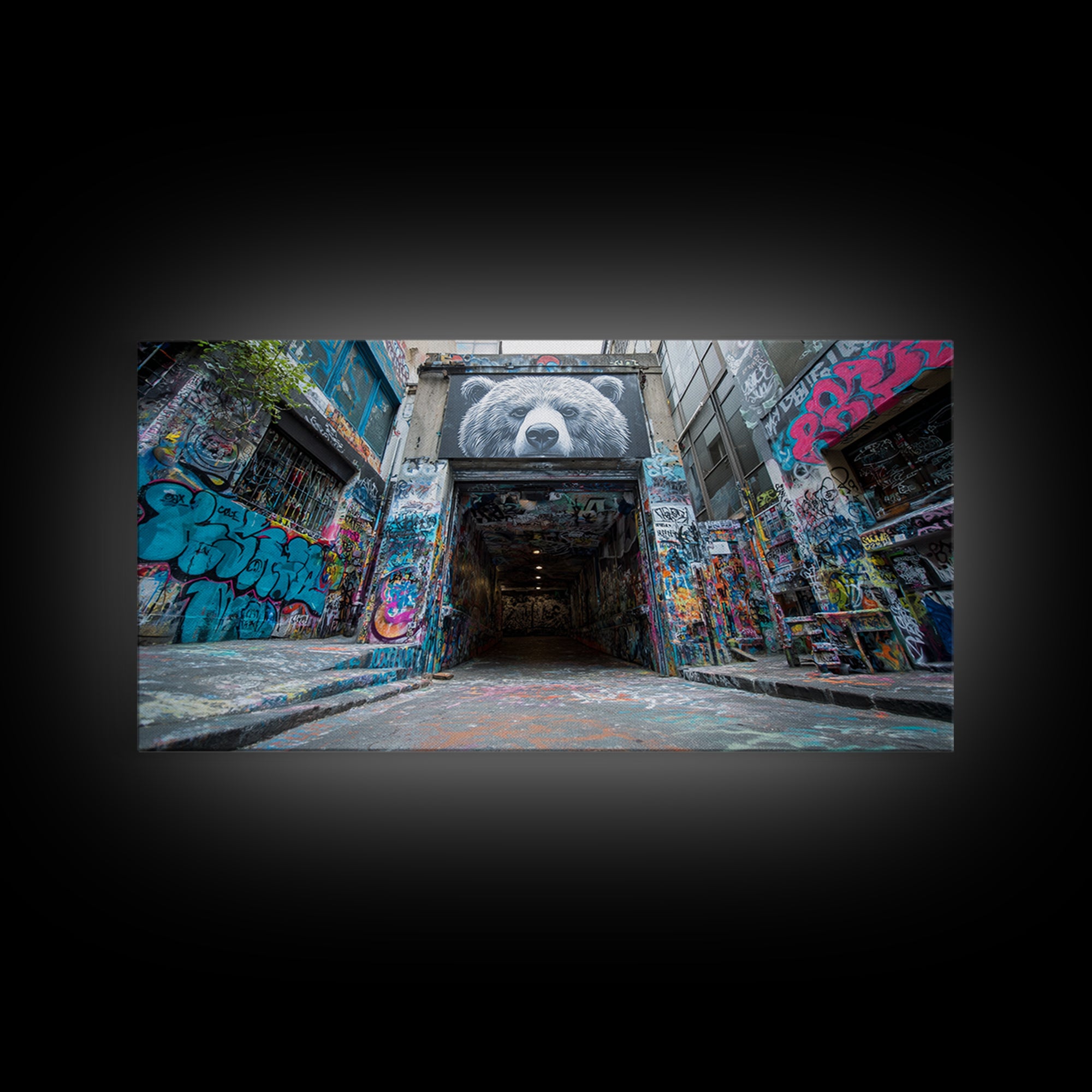 Graffiti Alley Bear Mural Wall Art, Urban Street Art Canvas Print, Bold Modern Decor For Loft, Office, Man Cave, Apartment Wall Decor
