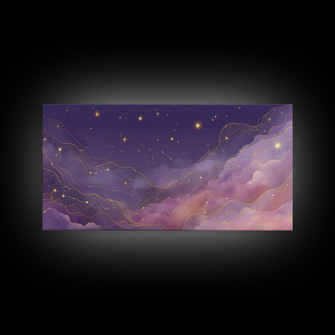 Purple Starry Sky With Gold Constellations Wall Art, Celestial Canvas Print, Mystical Bedroom Decor, Astrology Gift For Her