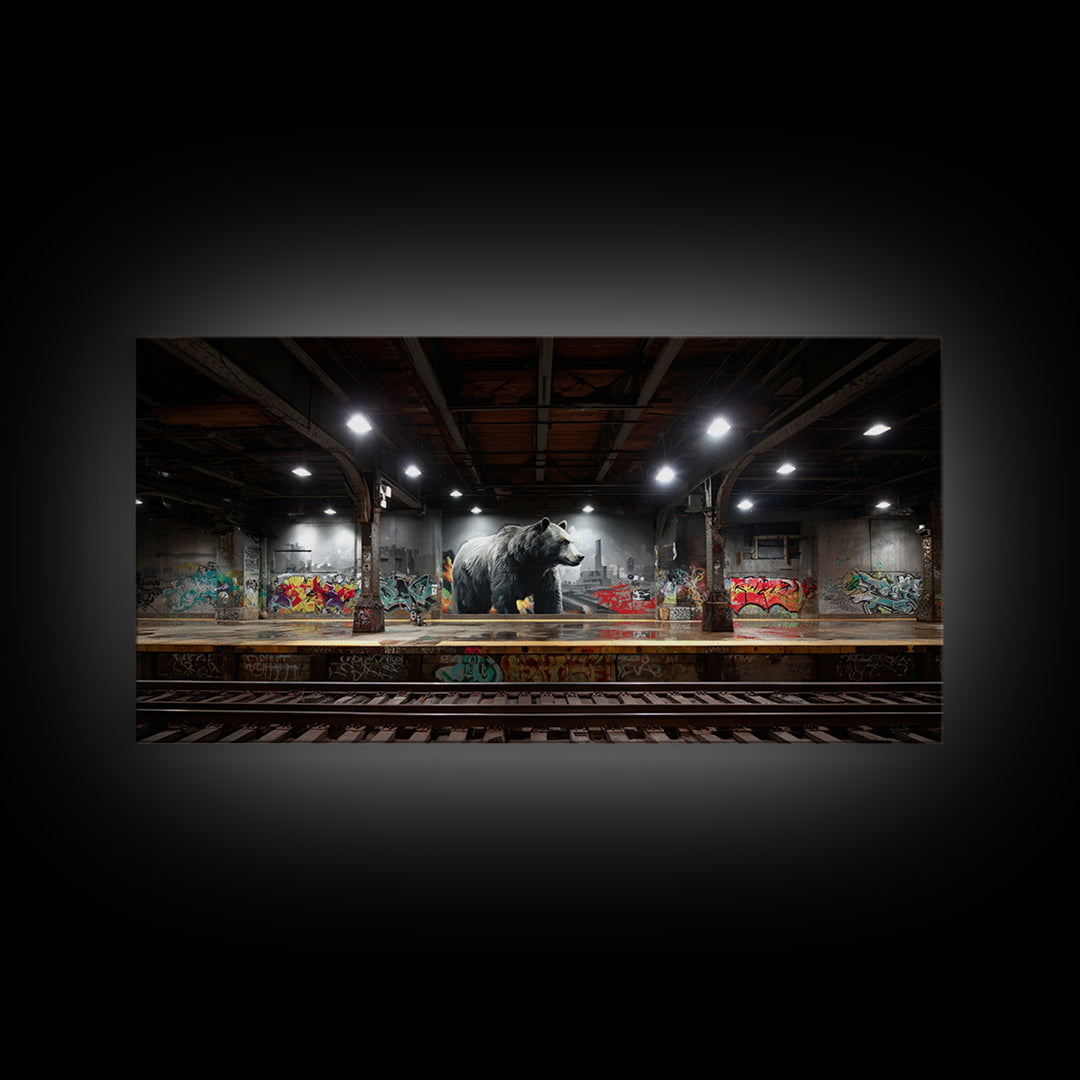 Urban Bear In Graffiti Subway Station Wall Art, Industrial Wildlife Canvas, Modern Street Art Print For Loft And Man Cave Decor