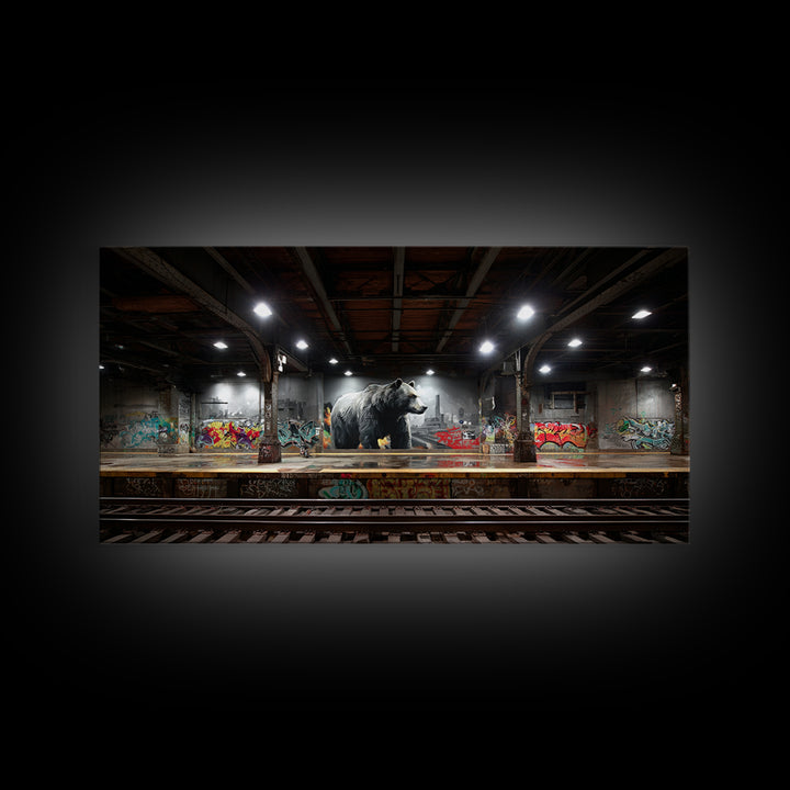 Urban Bear In Graffiti Subway Station Wall Art, Industrial Wildlife Canvas, Modern Street Art Print For Loft And Man Cave Decor