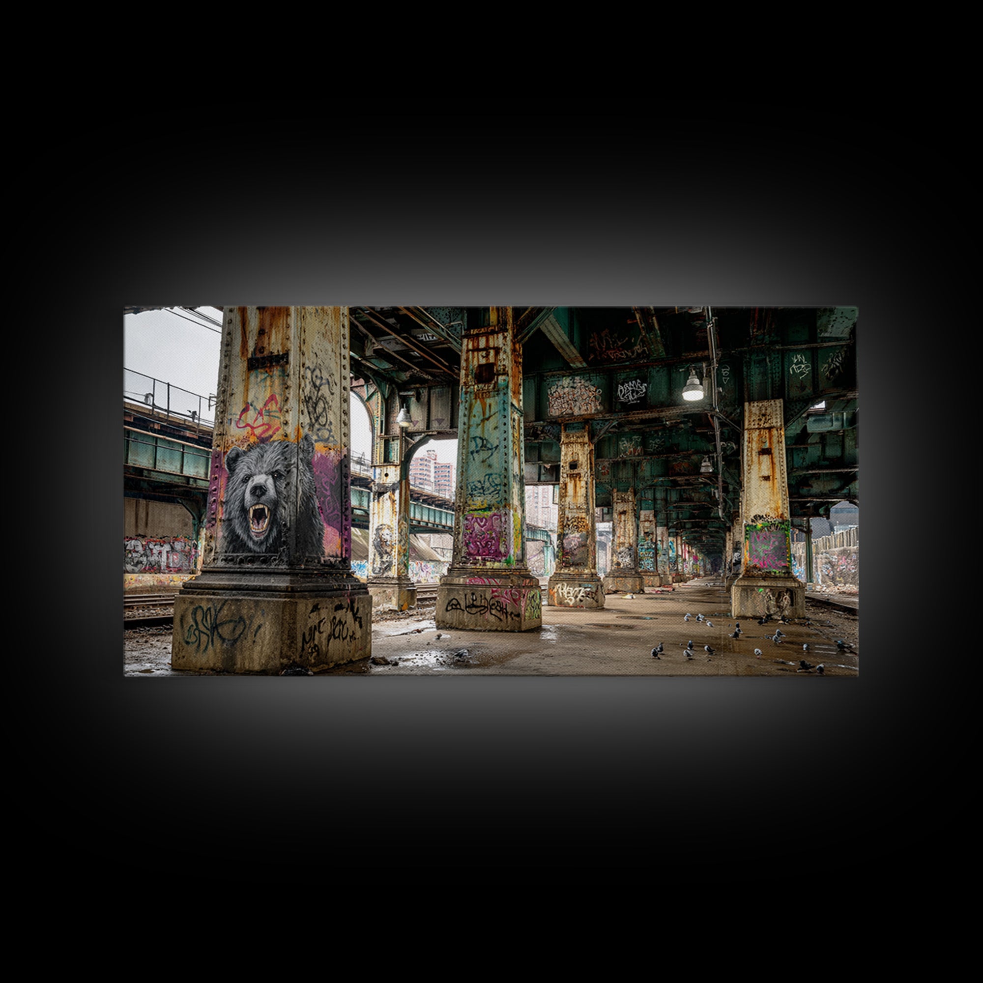 Graffiti Bear Underpass Wall Art, Urban Street Art Canvas Print, Industrial Decor, Man Cave Poster, Modern Wall Decor Print