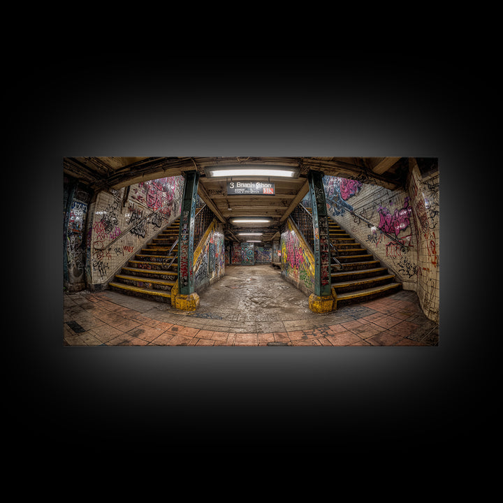 Graffiti Subway Stairwell Framed Canvas Print, Urban Street Art Wall Decor, Gritty Industrial Office Wall Art For Living Room