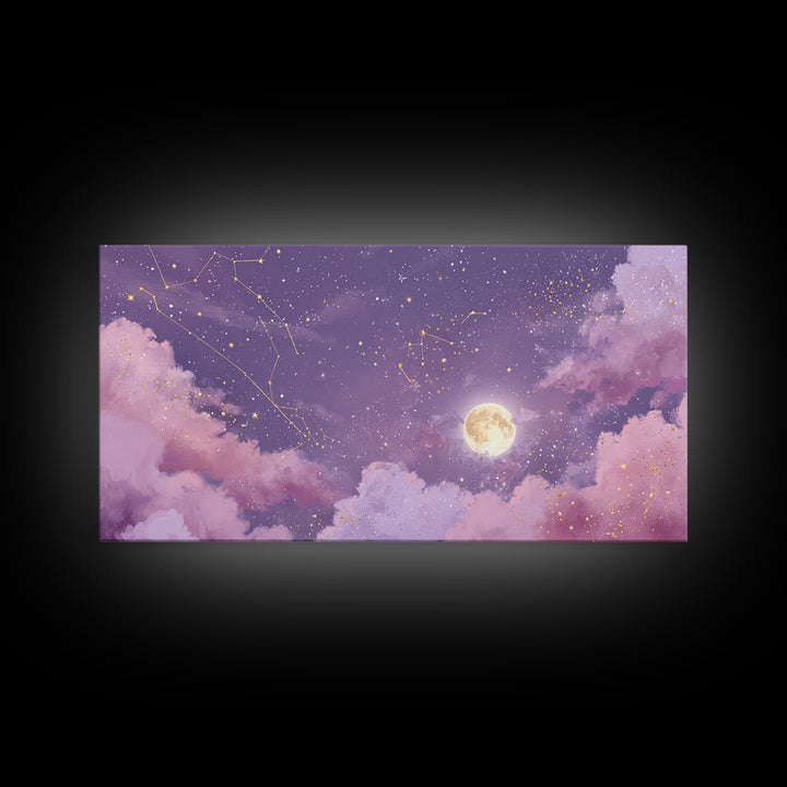 Full Moon Purple Night Sky Wall Art, Gold Constellations And Clouds Canvas Print, Celestial Bedroom Decor Gift, Astrology Wall Decor