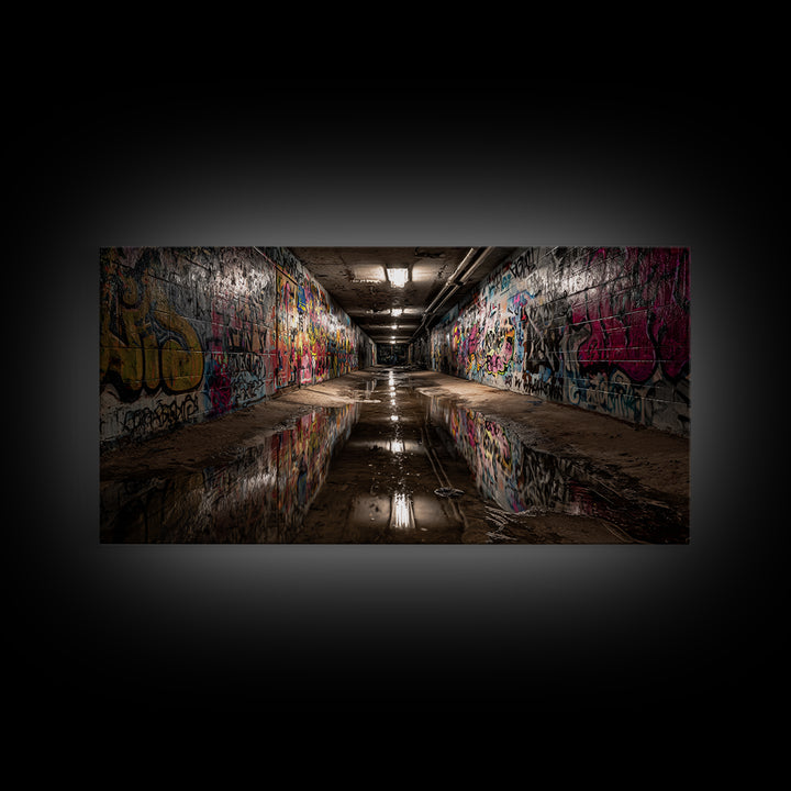 Graffiti Tunnel With Reflective Puddle Wall Art, Urban Street Art Canvas Print, Industrial Decor, Modern Office Wall Decor