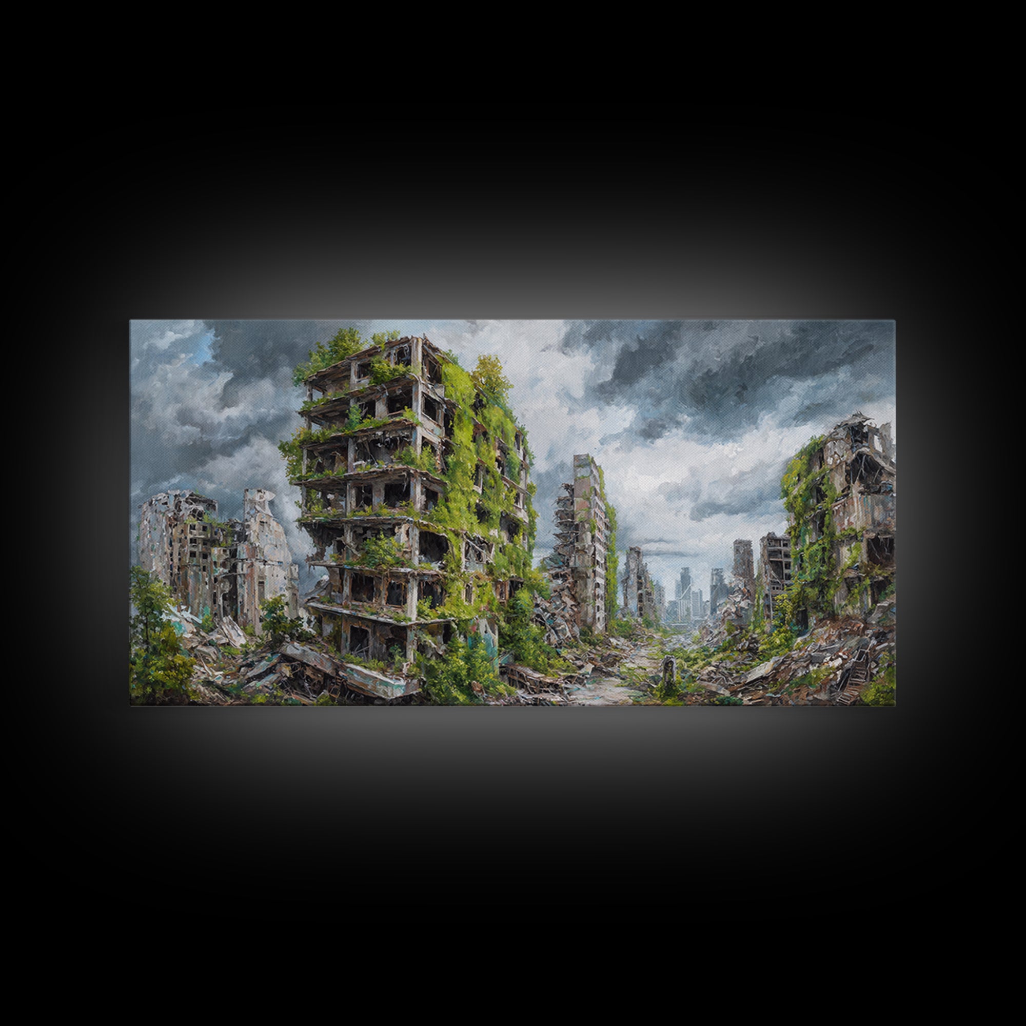 Overgrown Ruined Cityscape Wall Art, Post Apocalyptic Landscape Canvas Print, Urban Nature Decor For Modern Home And Office