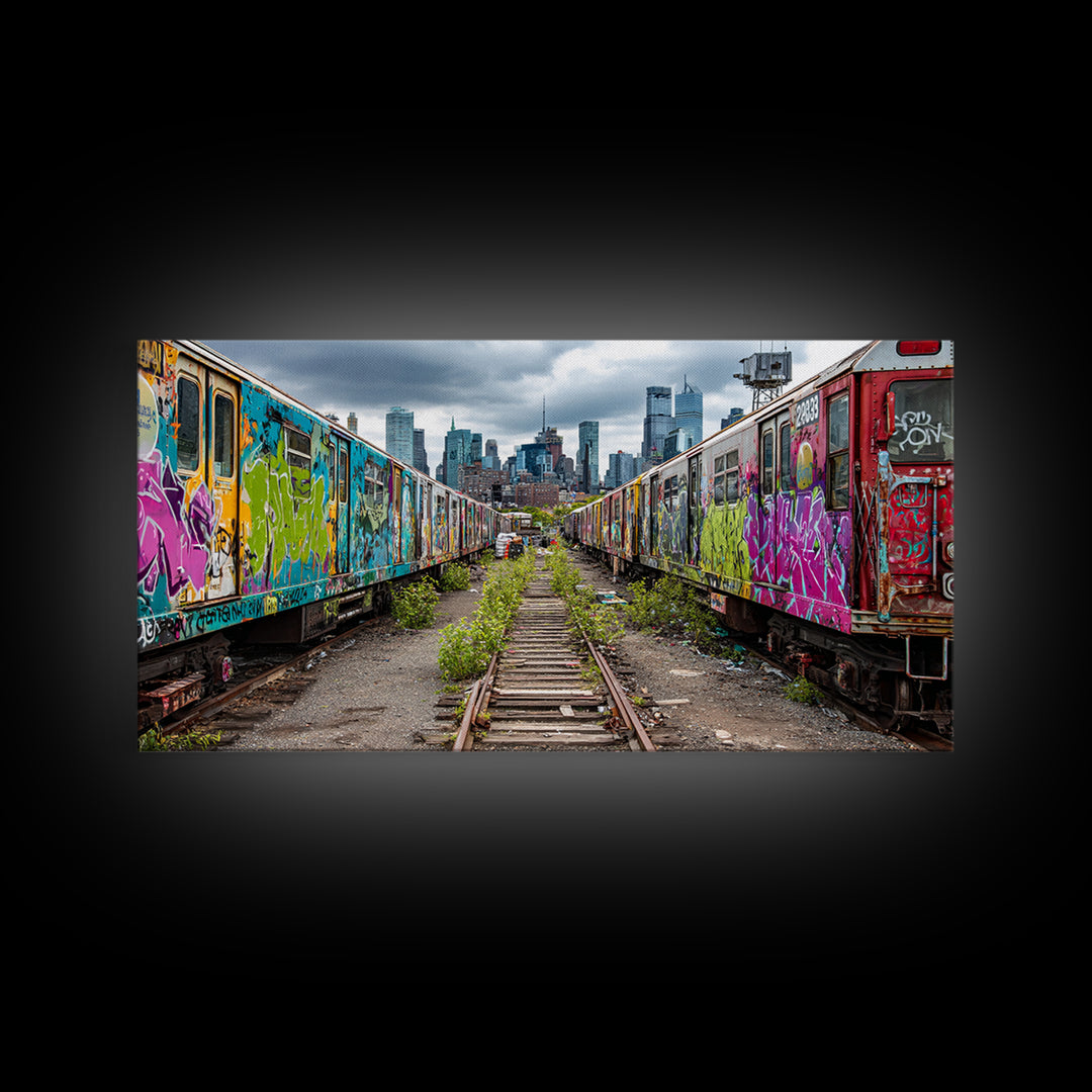 Graffiti Train Yard With City Skyline Wall Art, Urban Street Art Canvas Print, Colorful Industrial Decor, Modern Loft Gift