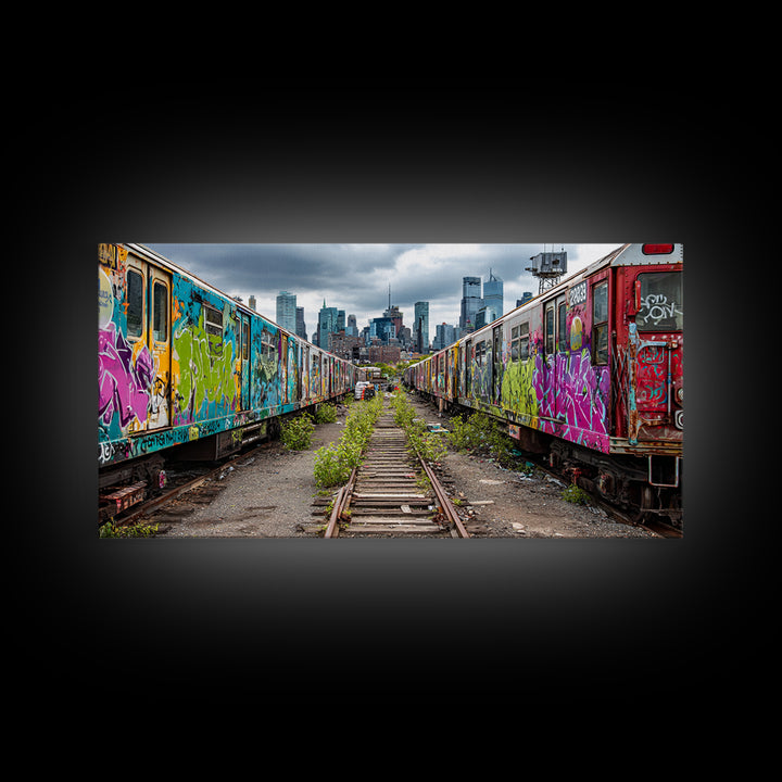 Graffiti Train Yard With City Skyline Wall Art, Urban Street Art Canvas Print, Colorful Industrial Decor, Modern Loft Gift