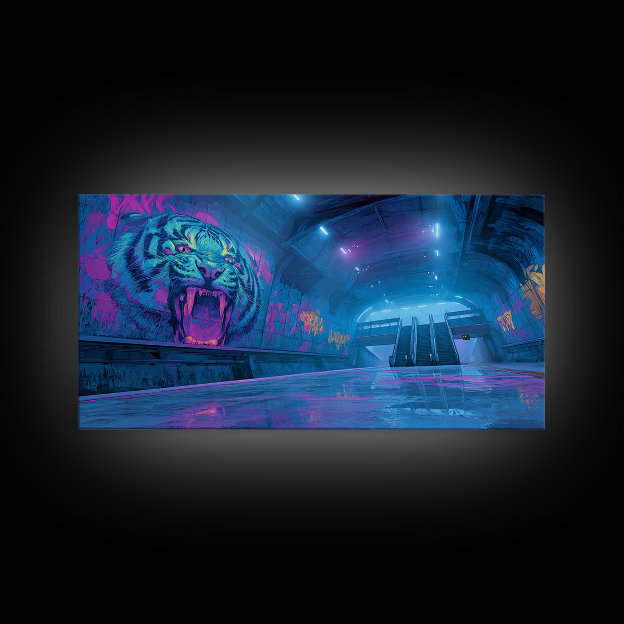 Neon Tiger Subway Canvas Print, Cyberpunk Graffiti Wall Art, Futuristic Blue Pink Gaming Room Decor, Bold Urban Gift For Him