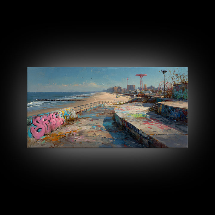 Graffiti Beach Boardwalk Seascape Wall Art, Coney Island Style Travel Poster, Urban Coastal Decor, Ocean City Print, Summer Beach Art