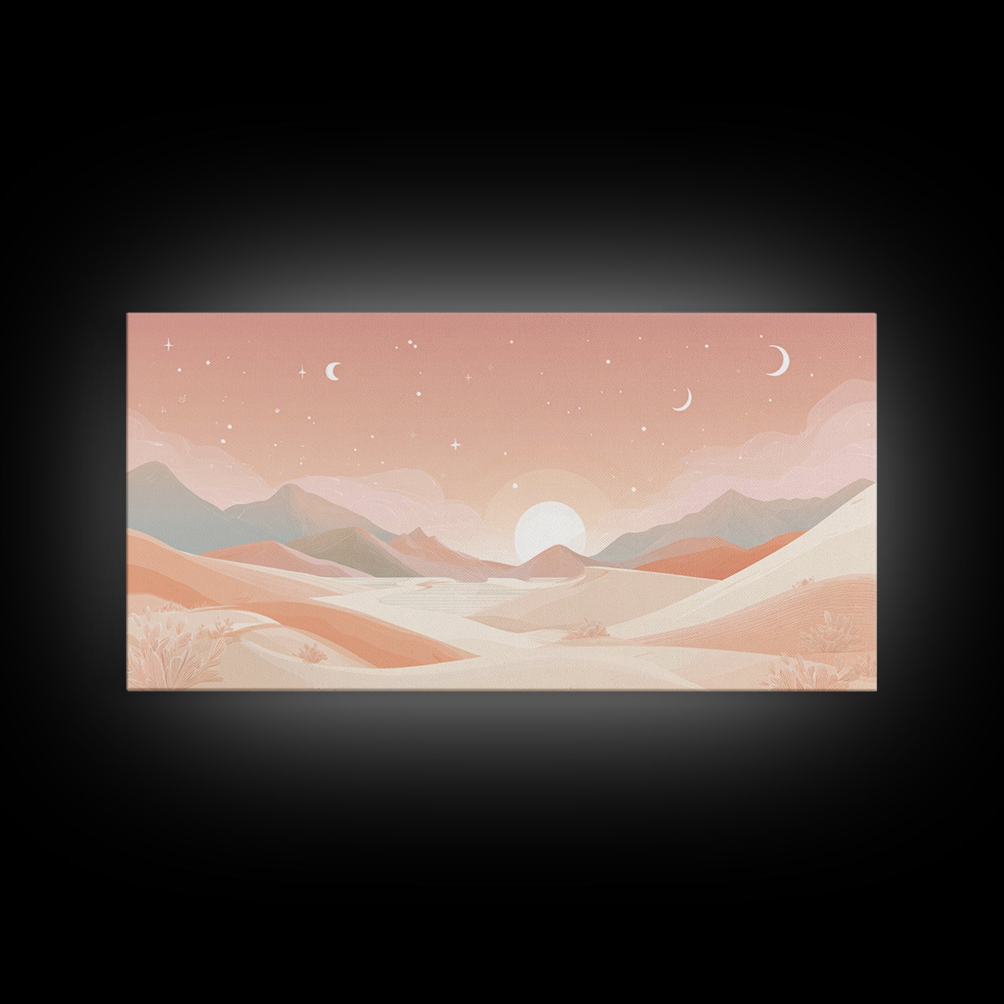 Pastel Desert Sunrise Landscape Canvas Print, Minimalist Mountain Wall Art, Boho Neutral Home Decor For Bedroom And Living Room
