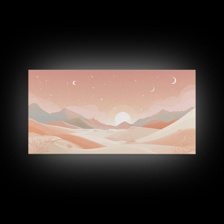 Pastel Desert Sunrise Landscape Canvas Print, Minimalist Mountain Wall Art, Boho Neutral Home Decor For Bedroom And Living Room