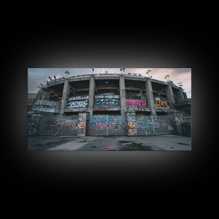 Abandoned Graffiti Stadium Facade Wall Art, Urban Street Art Canvas Print, Industrial Decor, Man Cave And Office Wall Decor