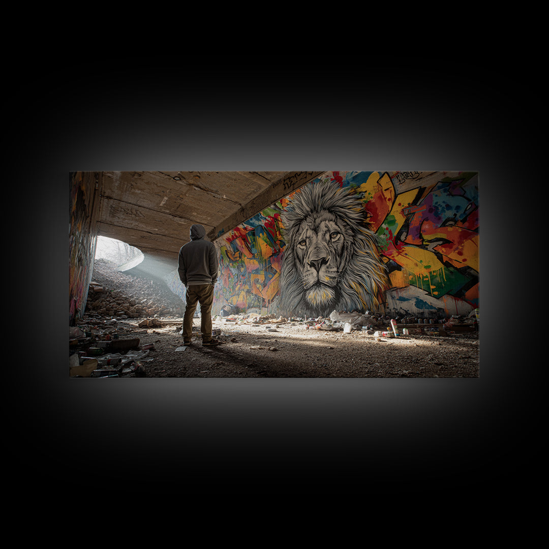 Hooded Figure Before Graffiti Lion Wall Art, Urban Street Art Canvas Print, Bold Industrial Decor, Gift For Him, Modern Home Decor